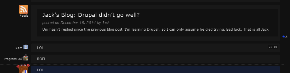 StackOverflow chat log - RSS feed with previous blog post, chat participants laugh in response.